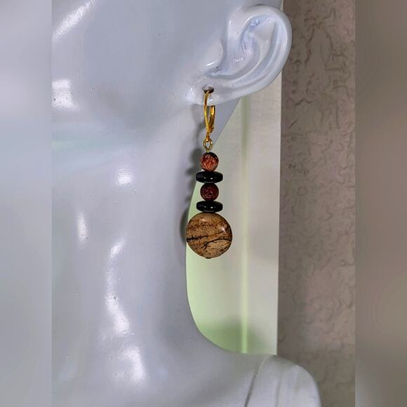 ARTISAN Jasper Beaded Statement Dangle Earrings / Pierced - Picture 2 of 4